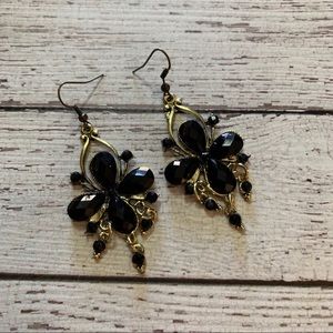 Black Chandelier Earrings - Gold Toned Metal